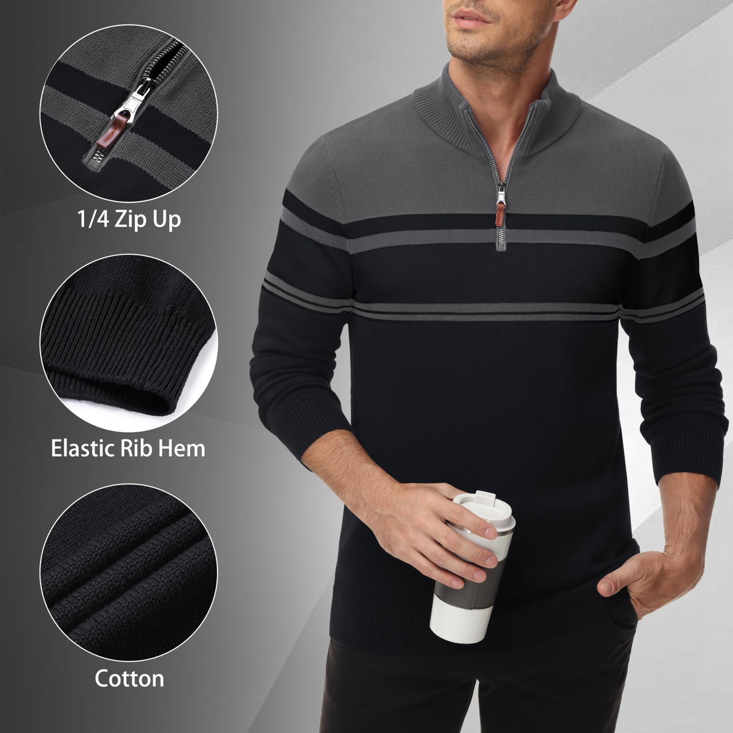 MAGNIVIT Men's Sweater Quarter Zip Striped Pullover Fall Winter Spring Color Block Polo Sweatshirts