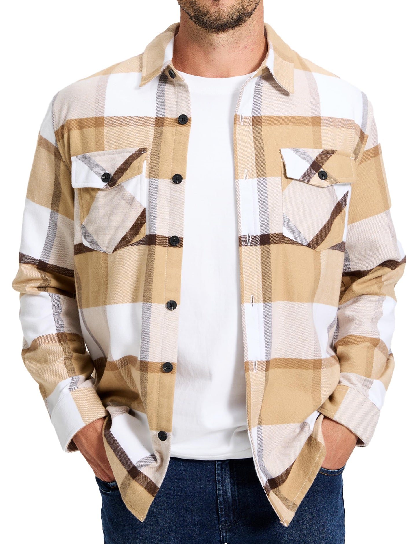MAGNIVIT Men's Flannel Shirts Long Sleeve Button Down Fleece Cotton Jacket Two Pockets