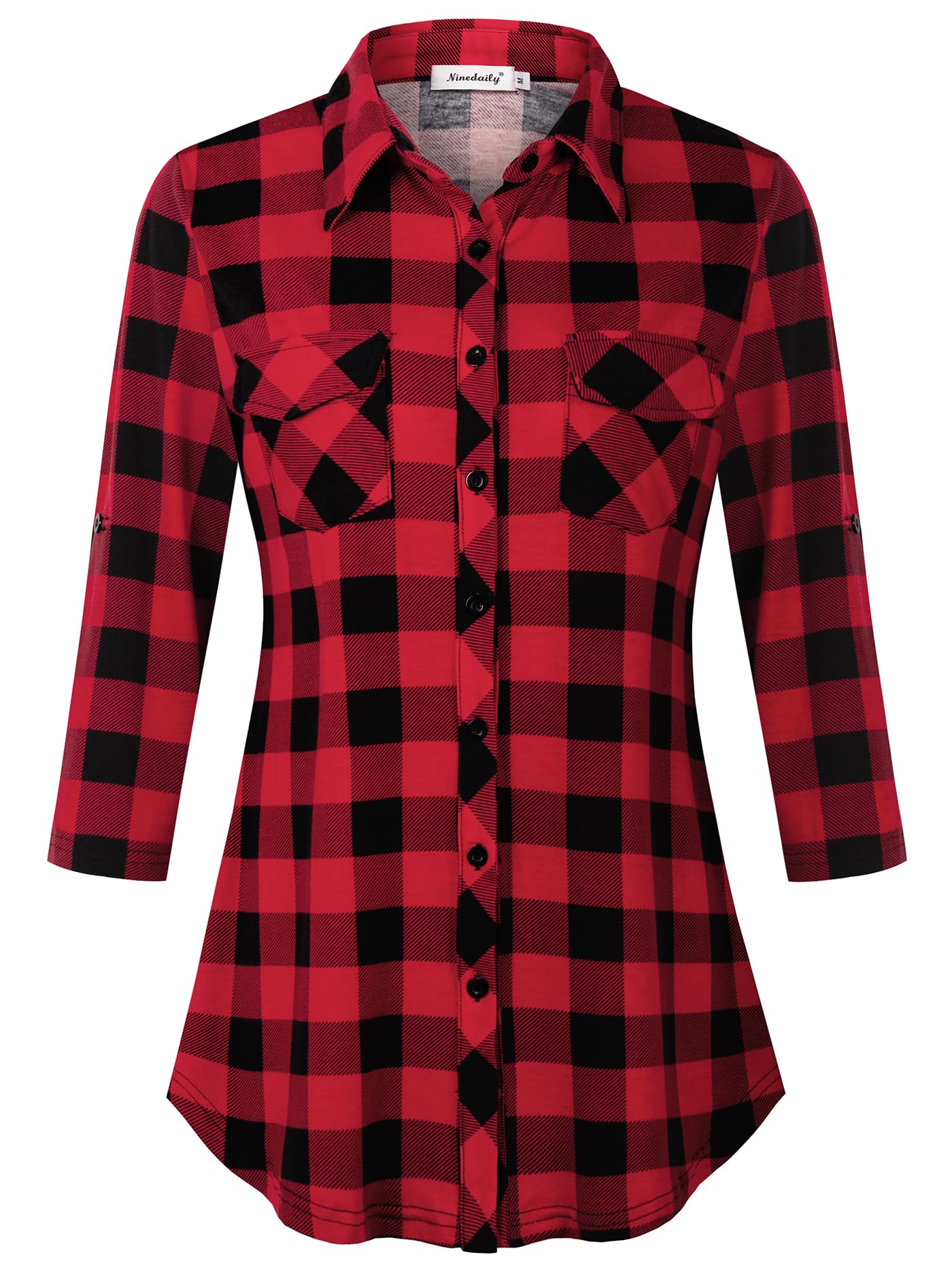 Ninedaily Women's Plaid Shirt Collared Button Down Blouse 3/4 Sleeve Tunic Tops