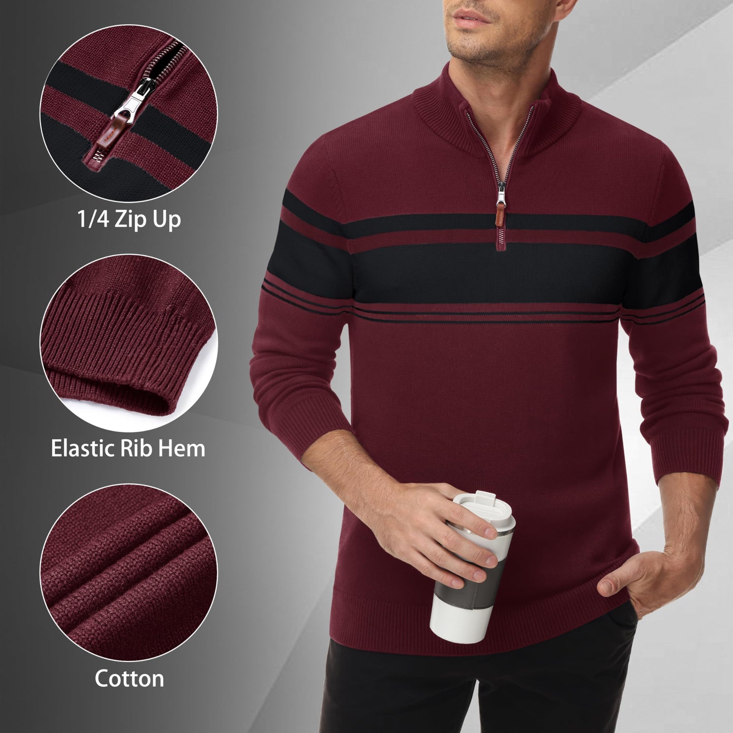 MAGNIVIT Men's Sweater Quarter Zip Striped Pullover Fall Winter Spring Color Block Polo Sweatshirts