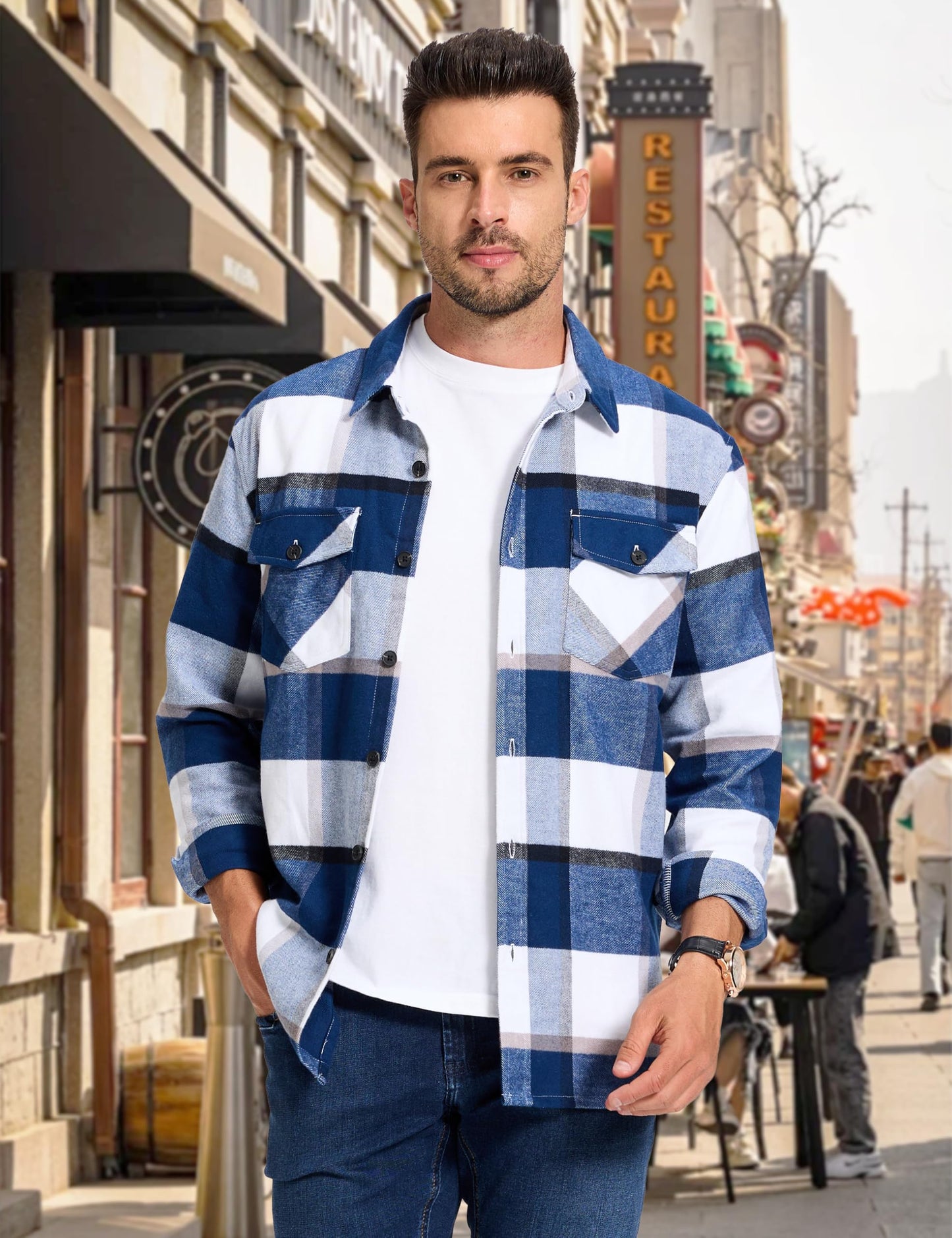 MAGNIVIT Men's Flannel Shirts Long Sleeve Button Down Fleece Cotton Jacket Two Pockets