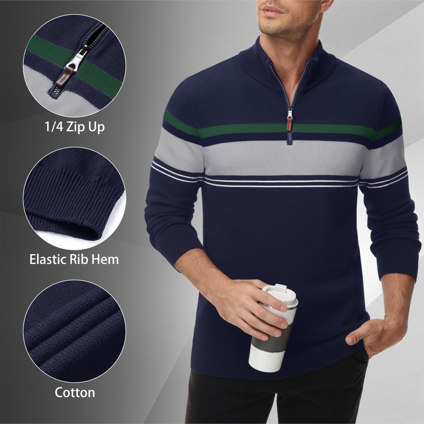 MAGNIVIT Men's Sweater Quarter Zip Striped Pullover Fall Winter Spring Color Block Polo Sweatshirts