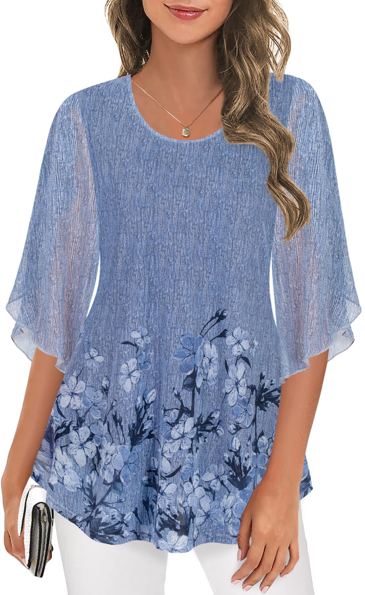 Ninedaily Women's Tops 3/4 Sleeve Blouses Dressy Casual Double Layers Mesh Tunic Shirts