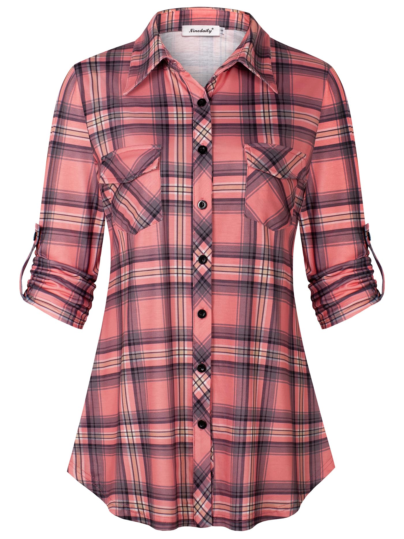 Ninedaily Women's Plaid Shirt Collared Button Down Blouse 3/4 Sleeve Tunic Tops