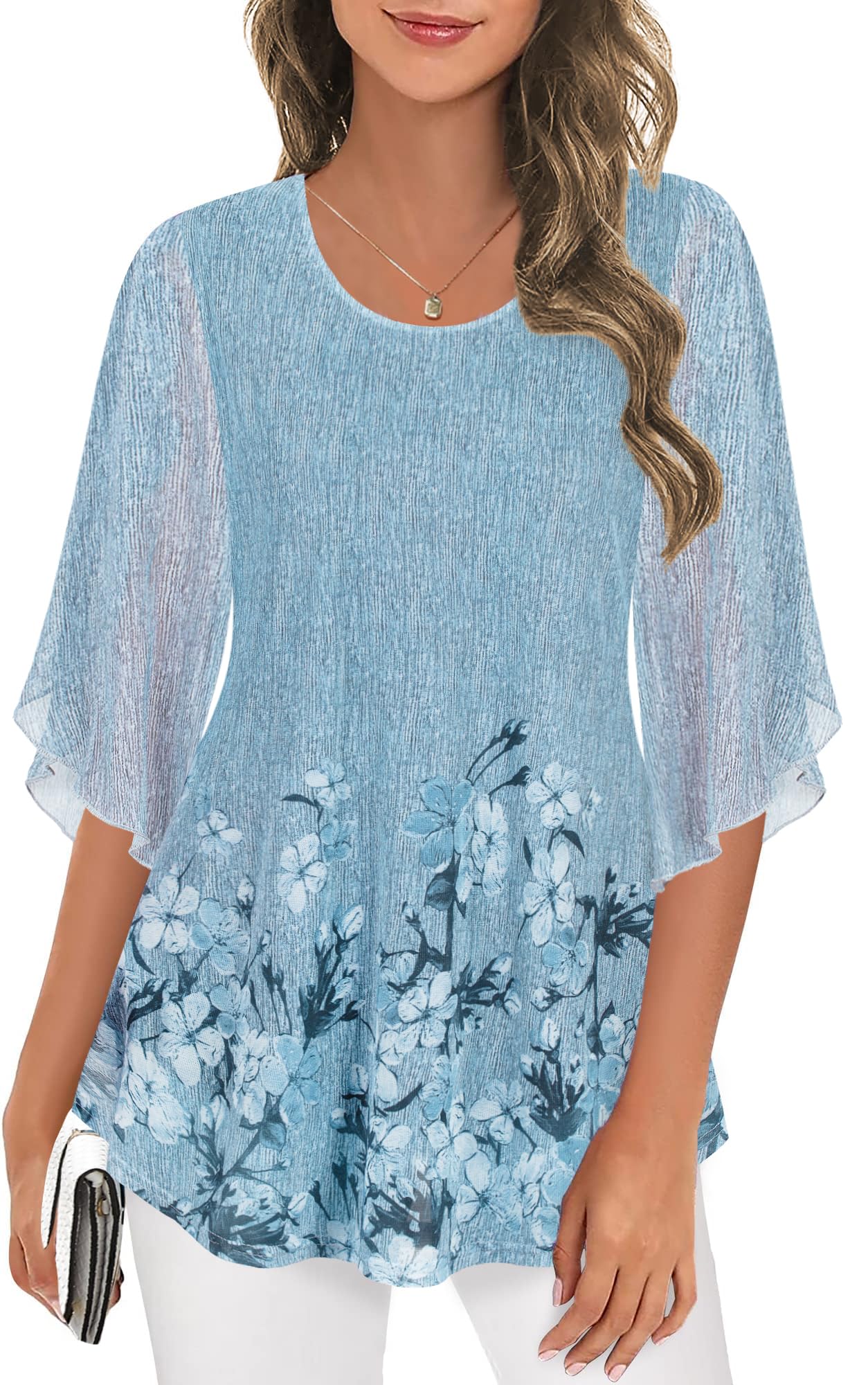 Ninedaily Women's Tops 3/4 Sleeve Blouses Dressy Casual Double Layers Mesh Tunic Shirts