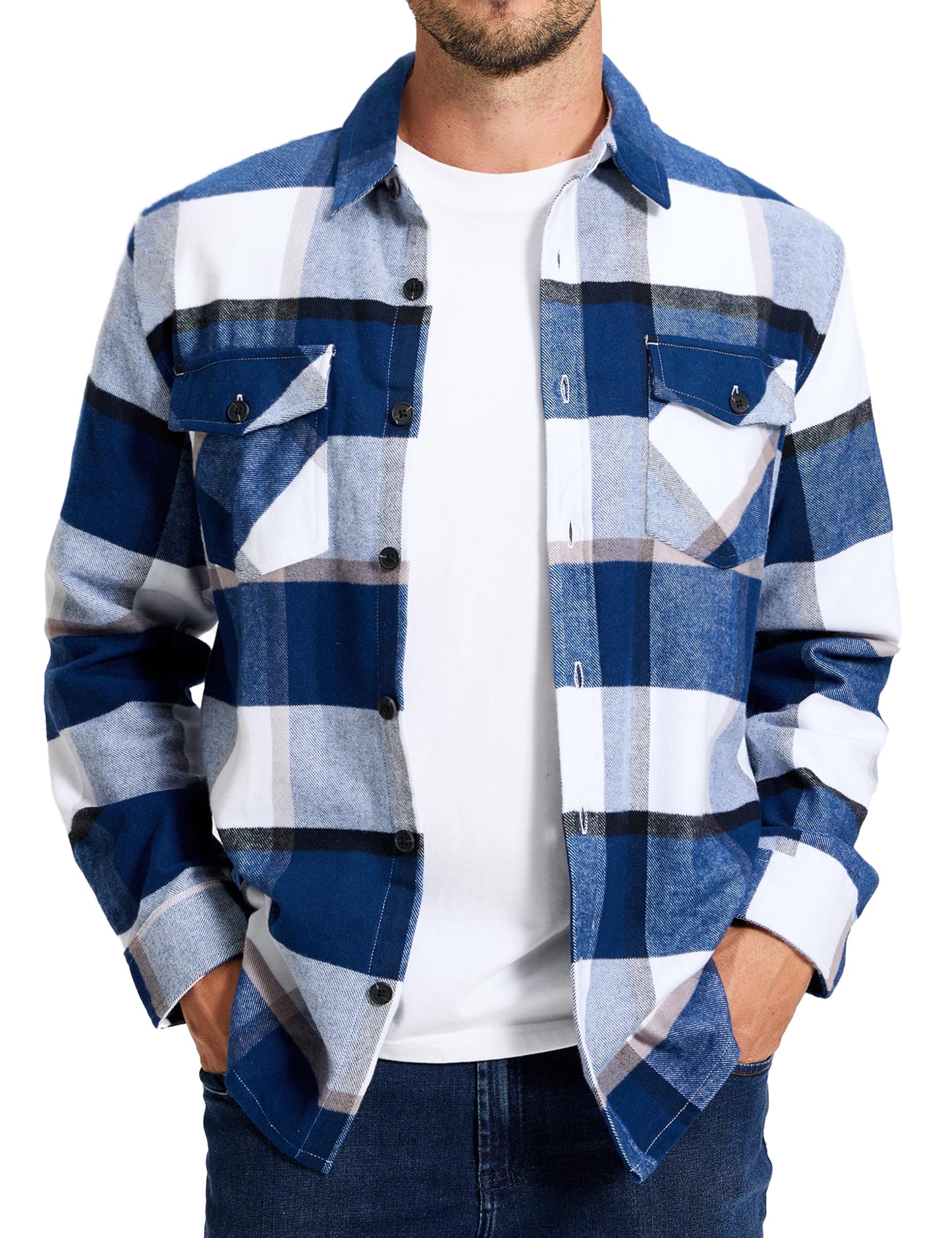 MAGNIVIT Men's Flannel Shirts Long Sleeve Button Down Fleece Cotton Jacket Two Pockets