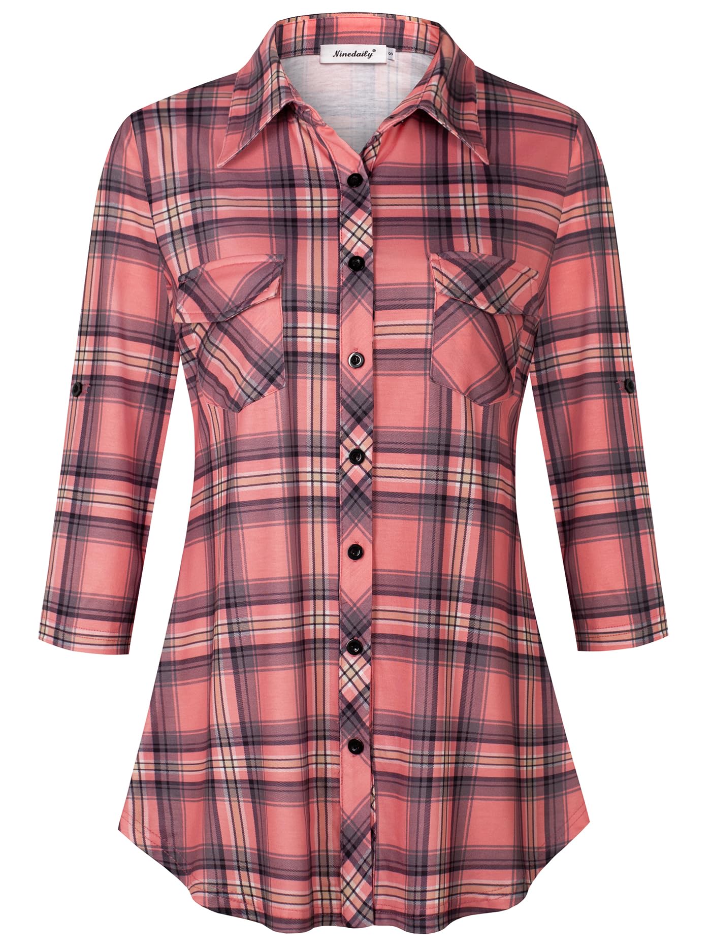 Ninedaily Women's Plaid Shirt Collared Button Down Blouse 3/4 Sleeve Tunic Tops