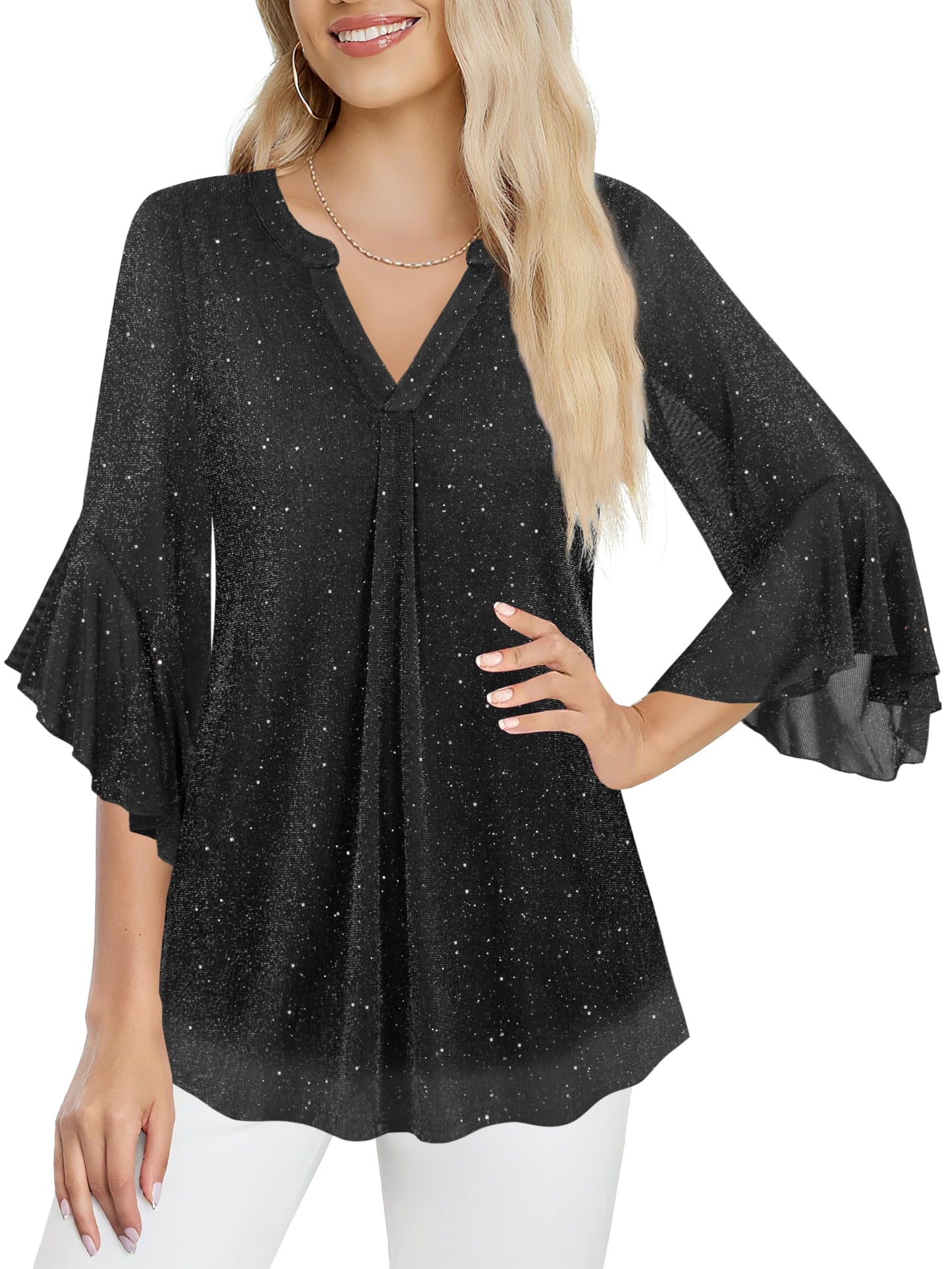 Ninedaily Womens Tops 3/4 Sleeve Dressy Casual Blouses Double Layers V Neck Shirt