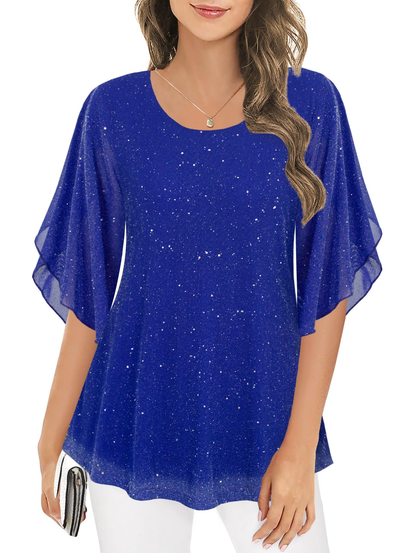 Ninedaily Women's Tops 3/4 Sleeve Blouses Dressy Casual Double Layers Mesh Tunic Shirts