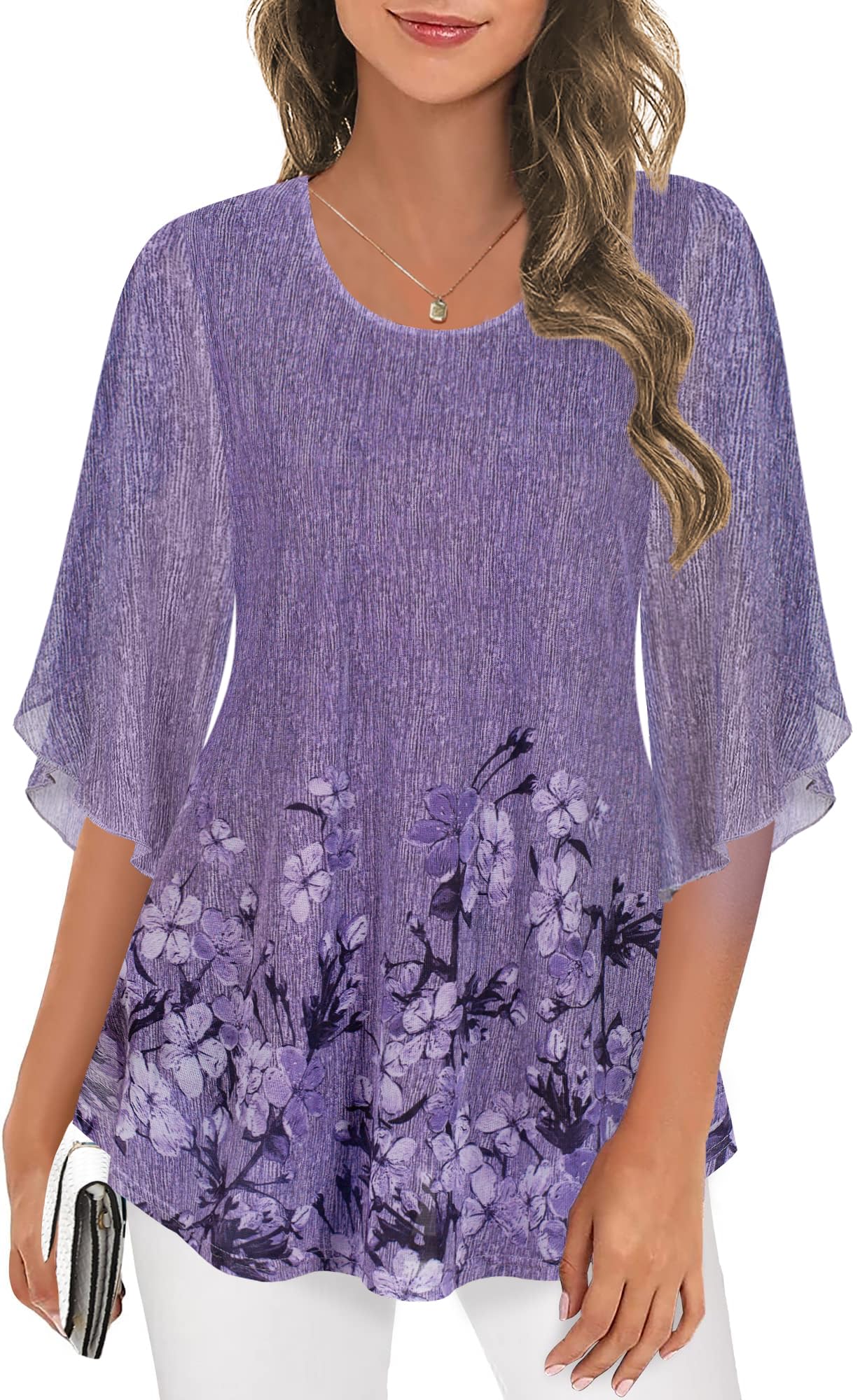 Ninedaily Women's Tops 3/4 Sleeve Blouses Dressy Casual Double Layers Mesh Tunic Shirts