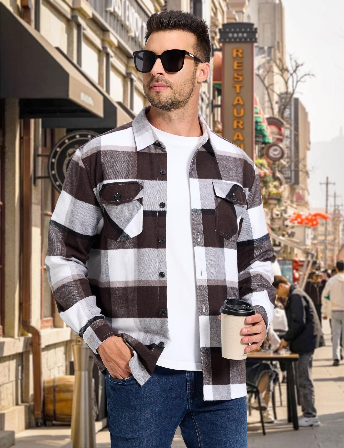 MAGNIVIT Men's Flannel Shirts Long Sleeve Button Down Fleece Cotton Jacket Two Pockets