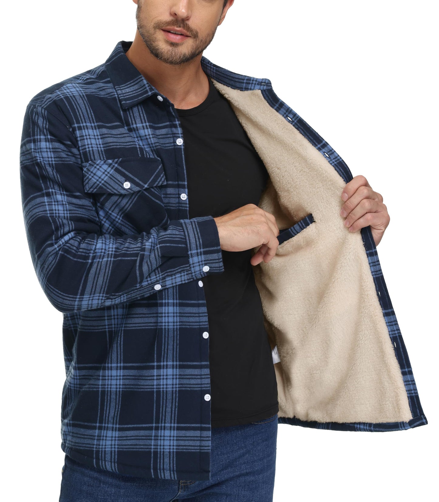 MAGNIVIT Mens Flannel Plaid Shirts Fleece Warm Winter Coat Sherpa Lining Jackets Soft Thickened Outwear Casual Outdoor Travel