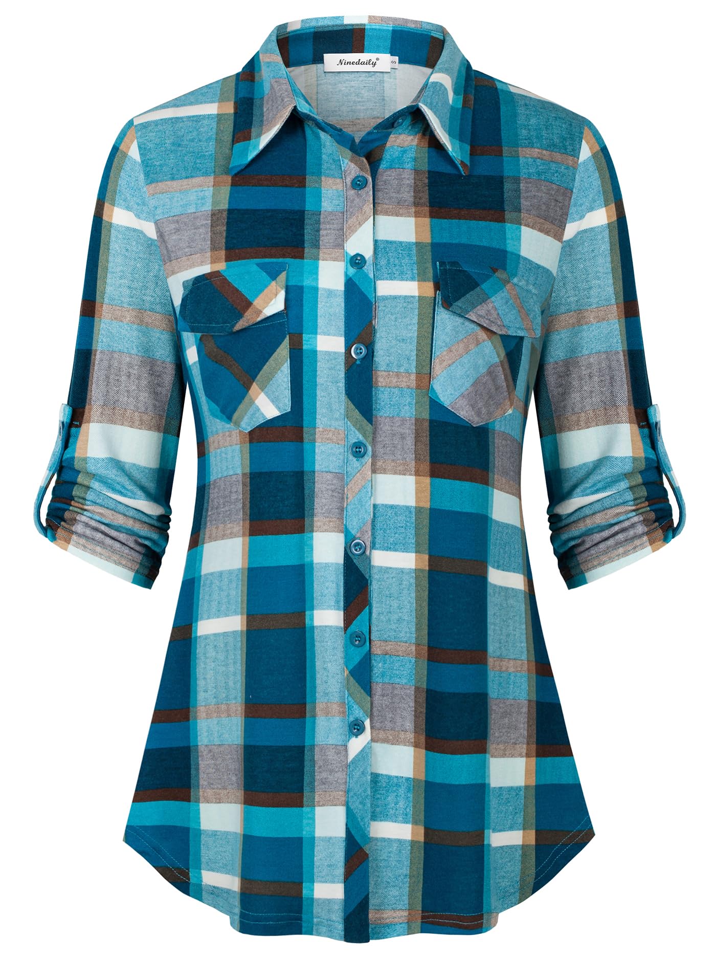 Ninedaily Women's Plaid Shirt Collared Button Down Blouse 3/4 Sleeve Tunic Tops