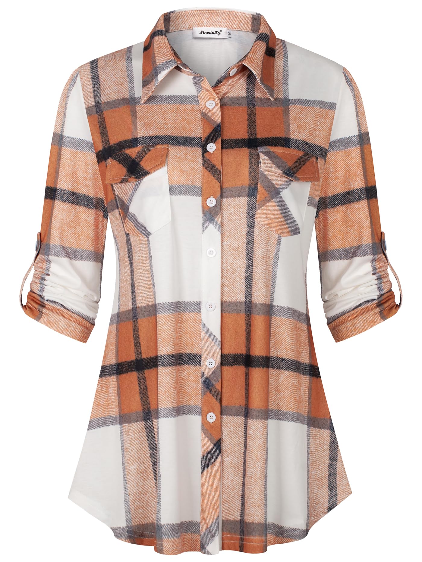 Ninedaily Women's Plaid Shirt Collared Button Down Blouse 3/4 Sleeve Tunic Tops