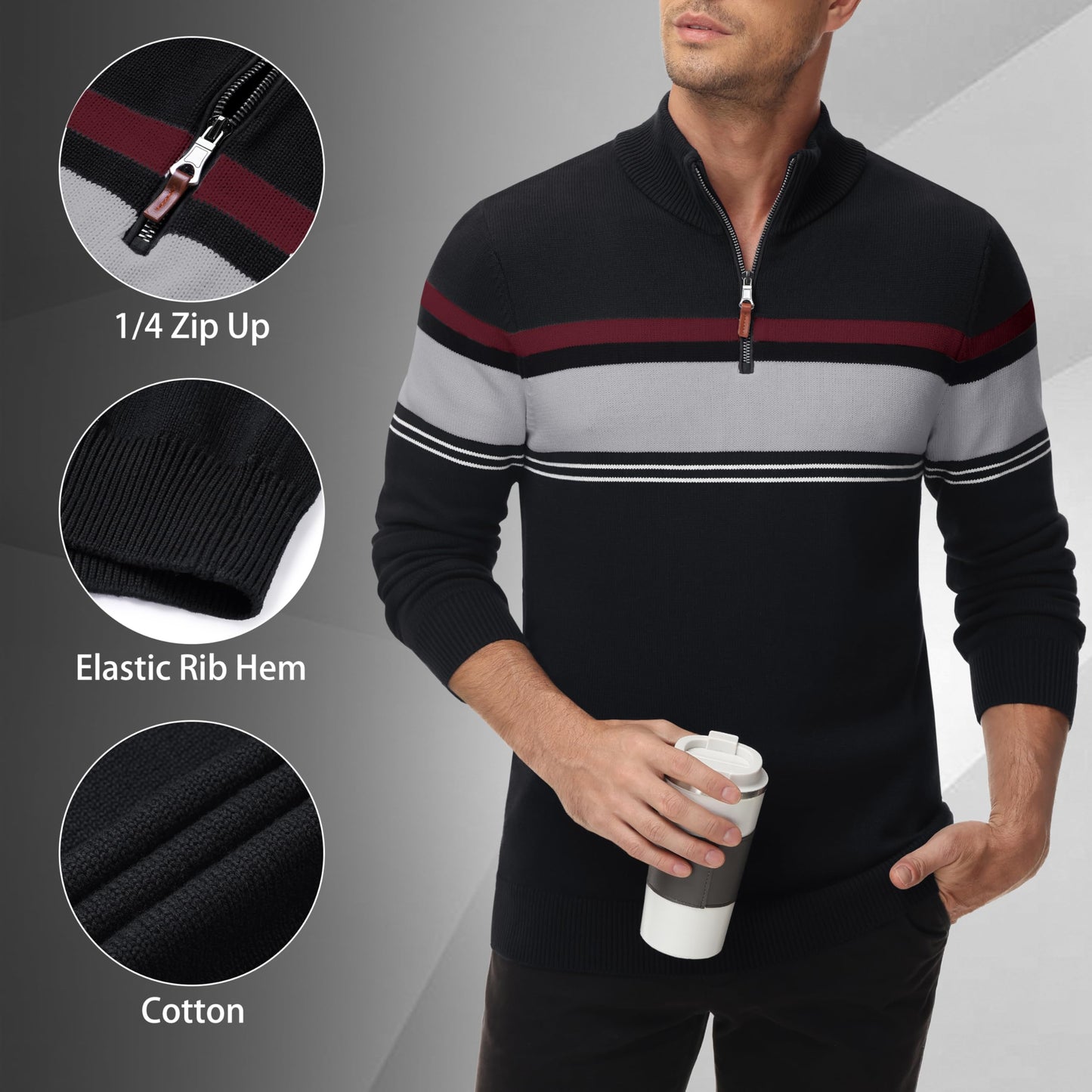 MAGNIVIT Men's Sweater Quarter Zip Striped Pullover Fall Winter Spring Color Block Polo Sweatshirts