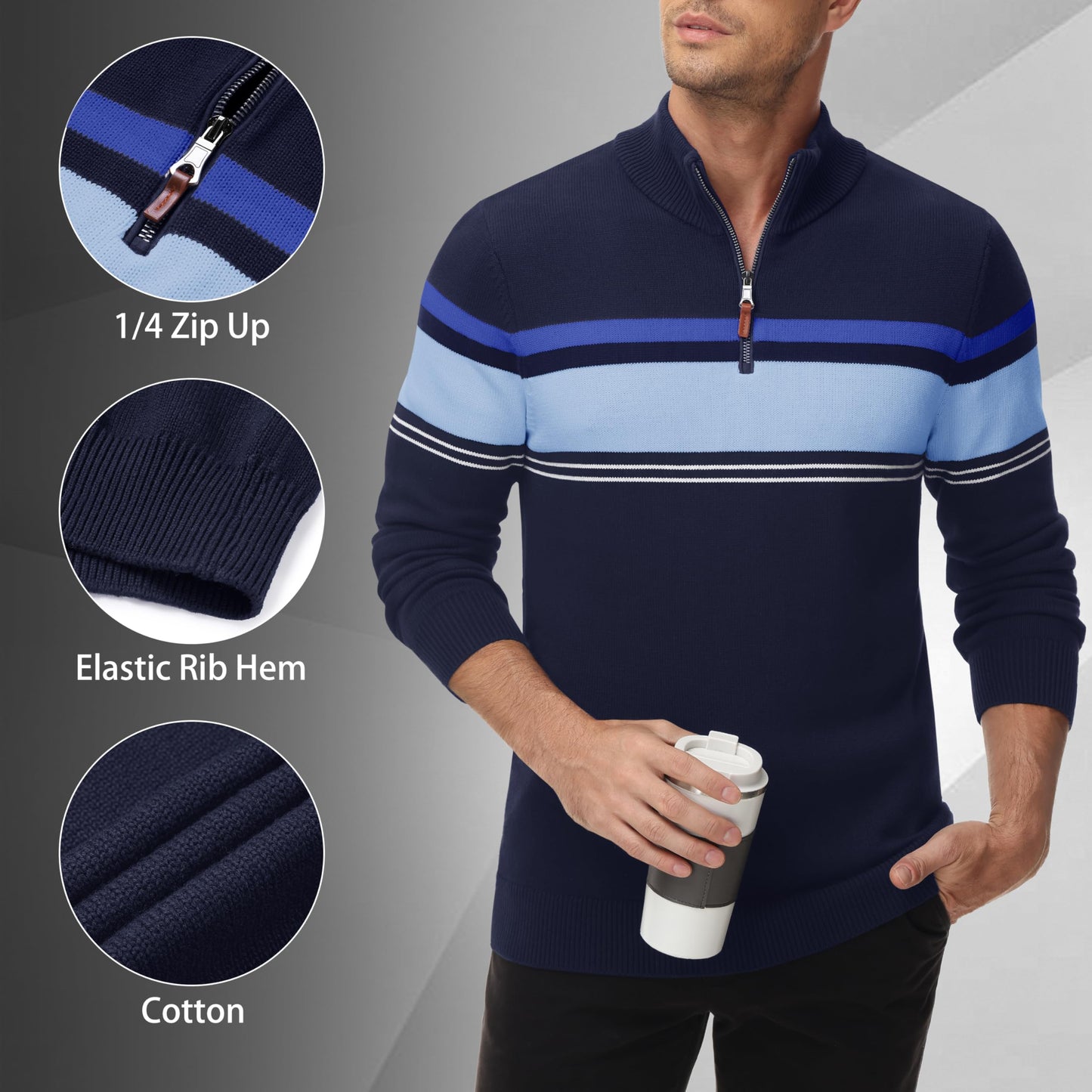 MAGNIVIT Men's Sweater Quarter Zip Striped Pullover Fall Winter Spring Color Block Polo Sweatshirts