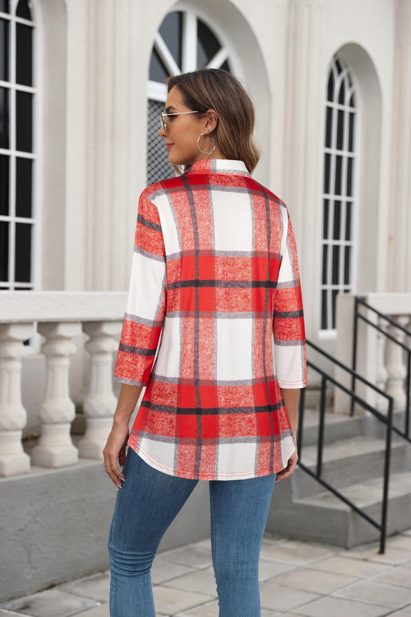 Ninedaily Women's Plaid Shirt Collared Button Down Blouse 3/4 Sleeve Tunic Tops