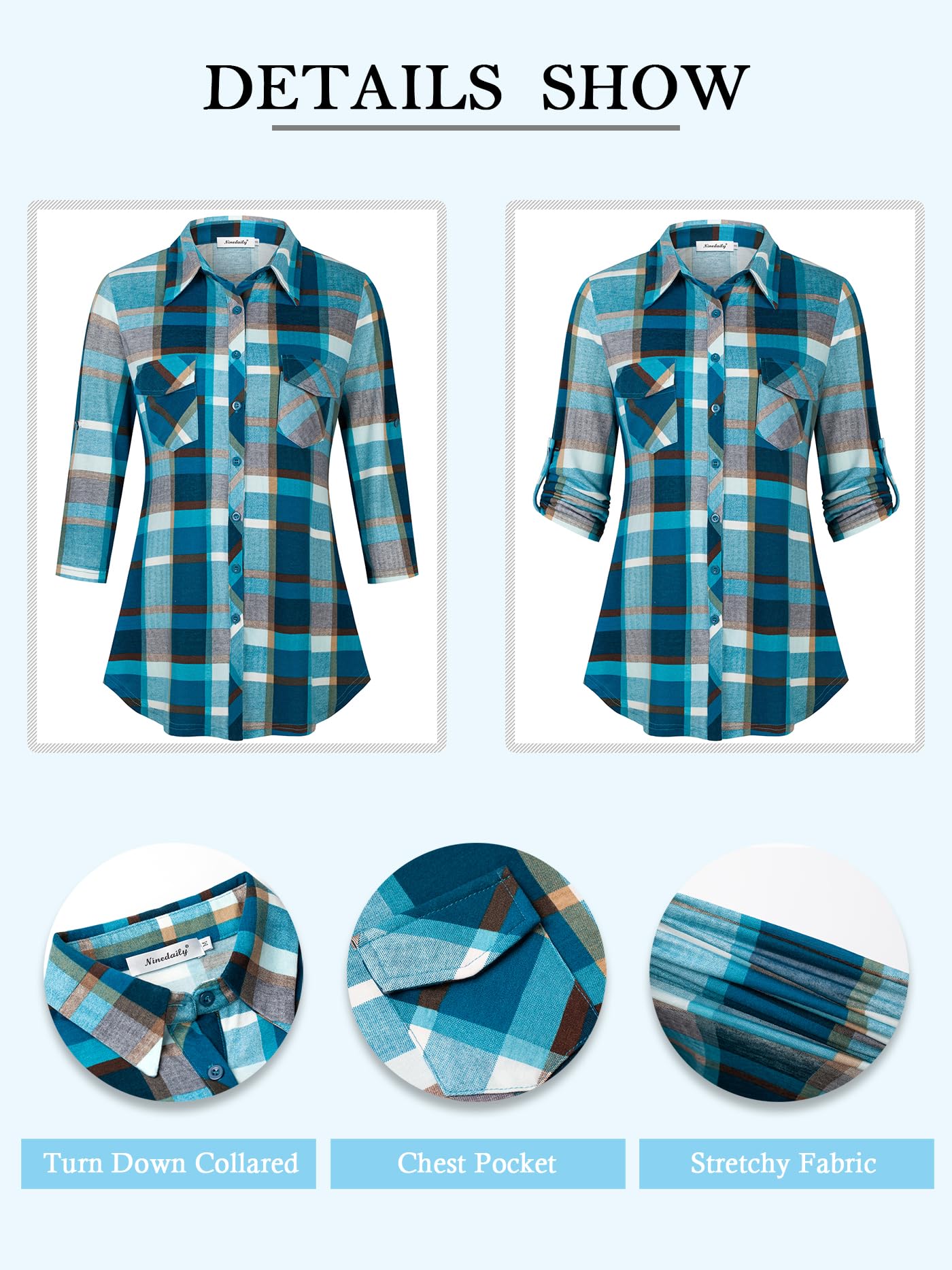 Ninedaily Women's Plaid Shirt Collared Button Down Blouse 3/4 Sleeve Tunic Tops