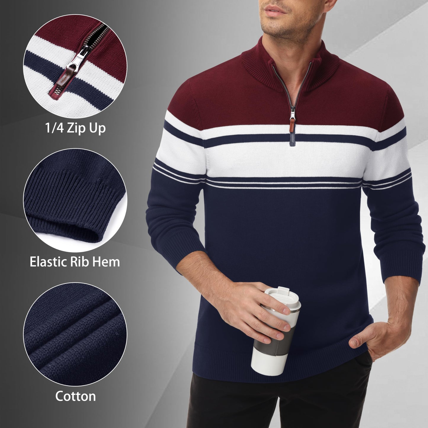 MAGNIVIT Men's Sweater Quarter Zip Striped Pullover Fall Winter Spring Color Block Polo Sweatshirts