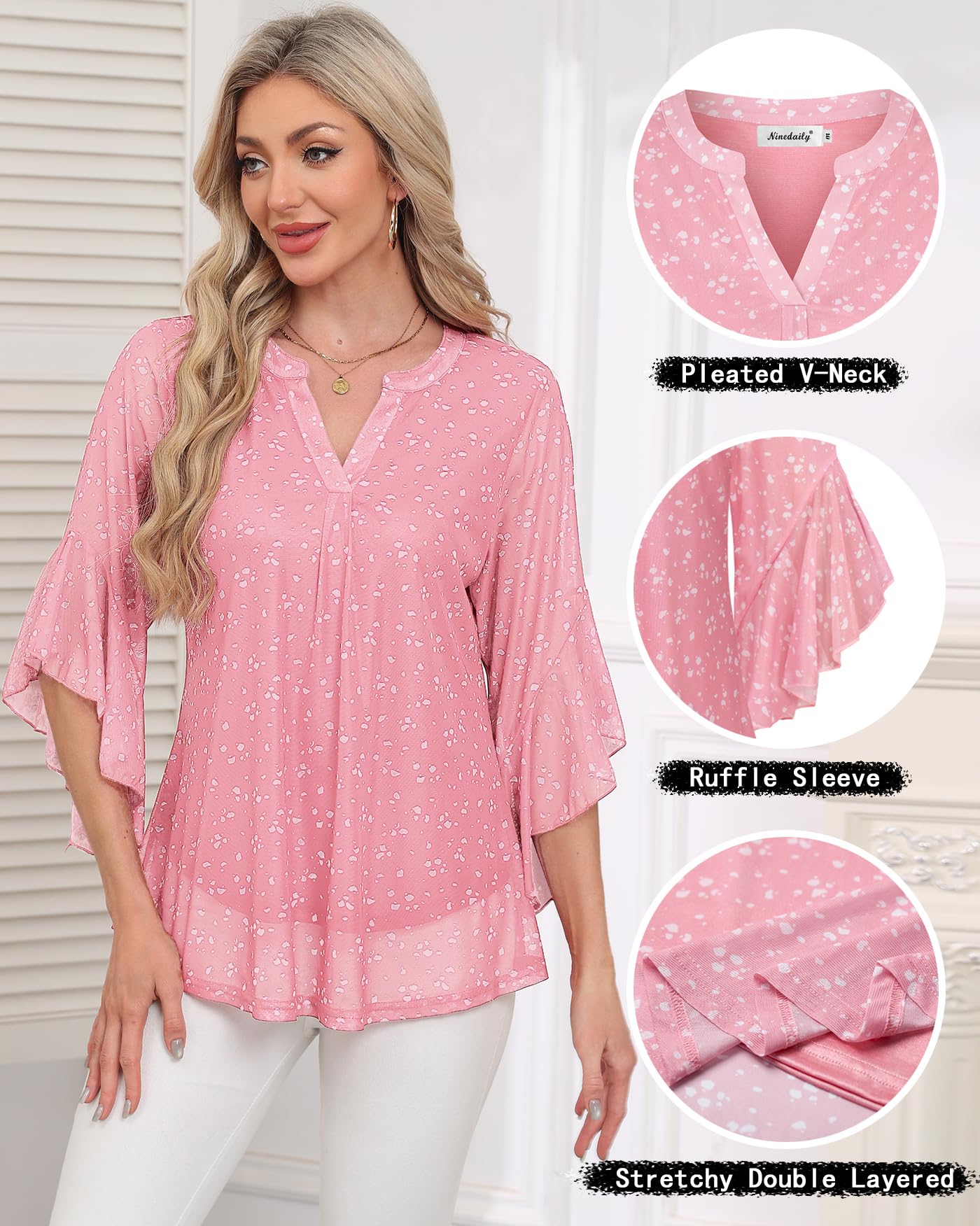 Ninedaily Womens Tops 3/4 Sleeve Dressy Casual Blouses Double Layers V Neck Shirt