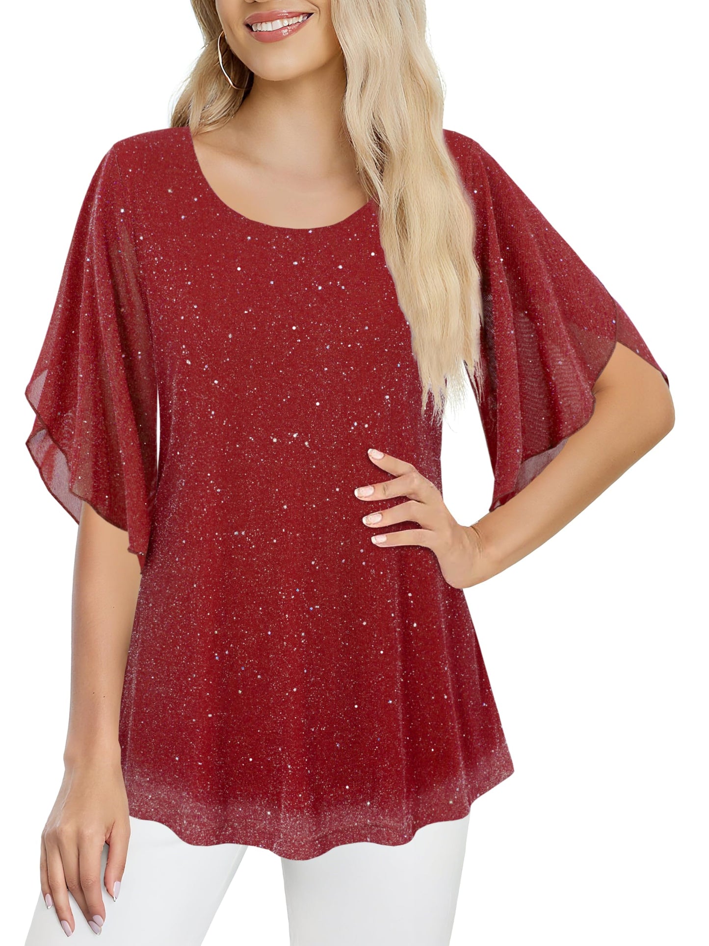 Ninedaily Women's Tops 3/4 Sleeve Blouses Dressy Casual Double Layers Mesh Tunic Shirts