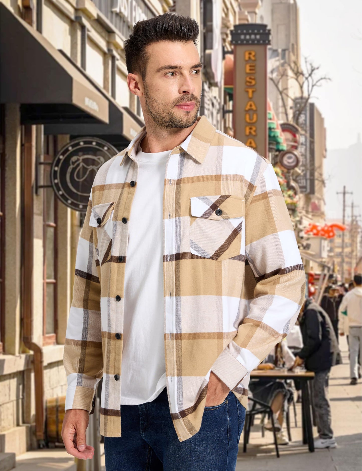 MAGNIVIT Men's Flannel Shirts Long Sleeve Button Down Fleece Cotton Jacket Two Pockets