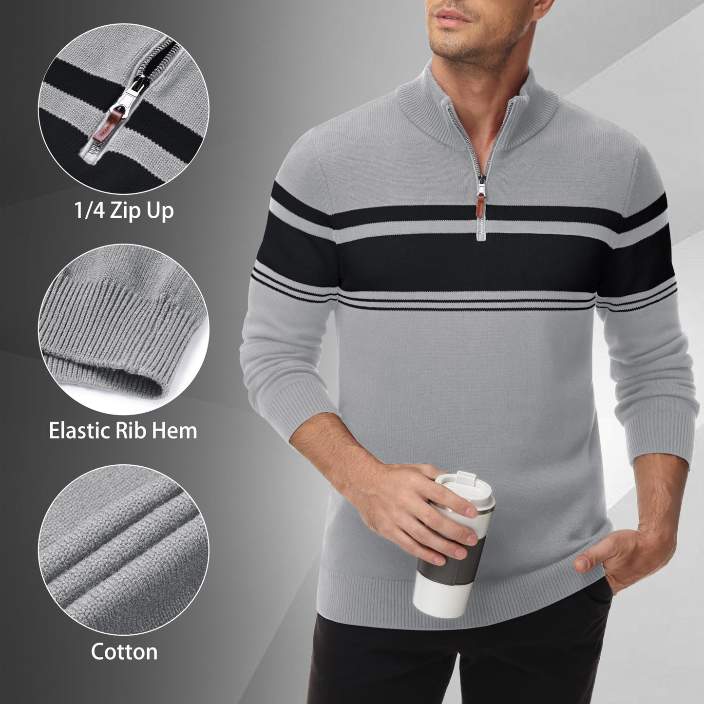 MAGNIVIT Men's Sweater Quarter Zip Striped Pullover Fall Winter Spring Color Block Polo Sweatshirts