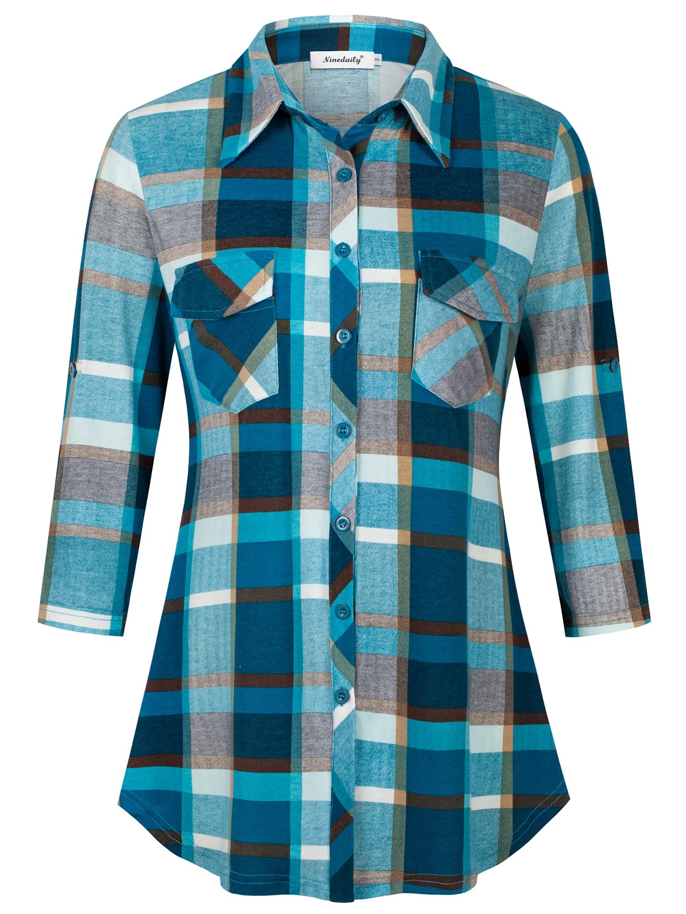 Ninedaily Women's Plaid Shirt Collared Button Down Blouse 3/4 Sleeve Tunic Tops