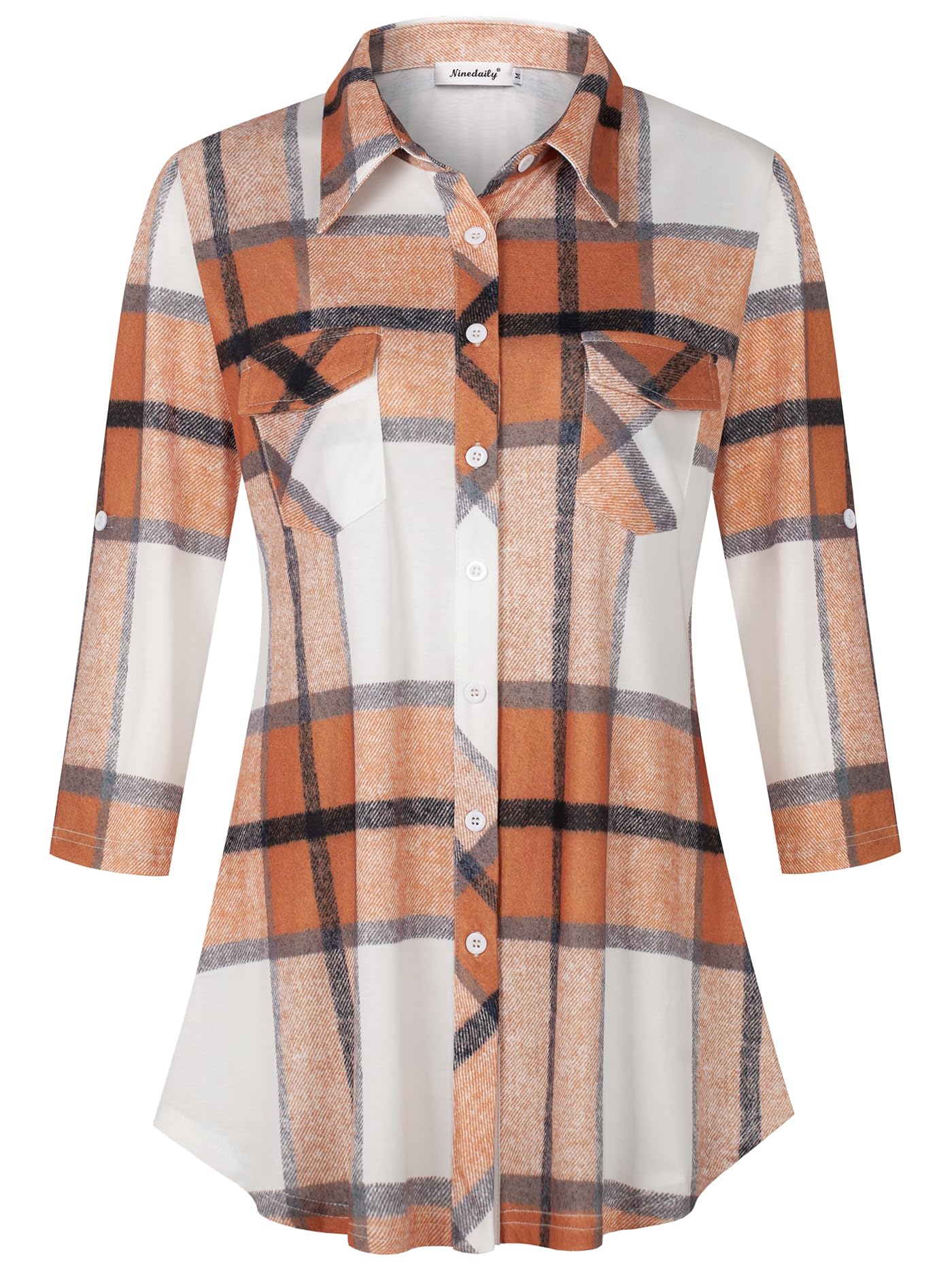 Ninedaily Women's Plaid Shirt Collared Button Down Blouse 3/4 Sleeve Tunic Tops