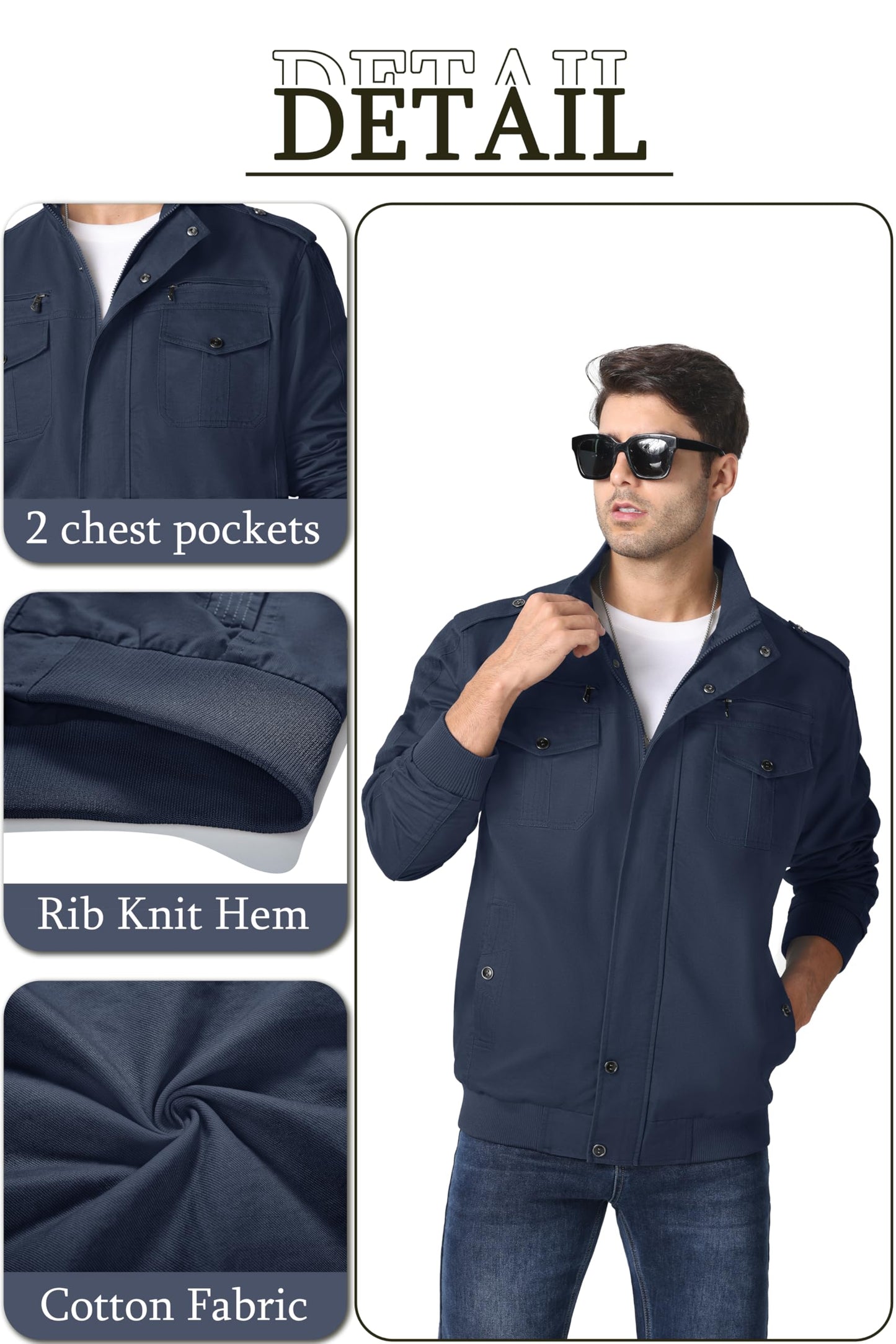 MAGNIVIT Men's Military Lightweight Army Windbreaker Cargo Jacket With Stand Collar, Zip Front, 7 Pockets - Cotton