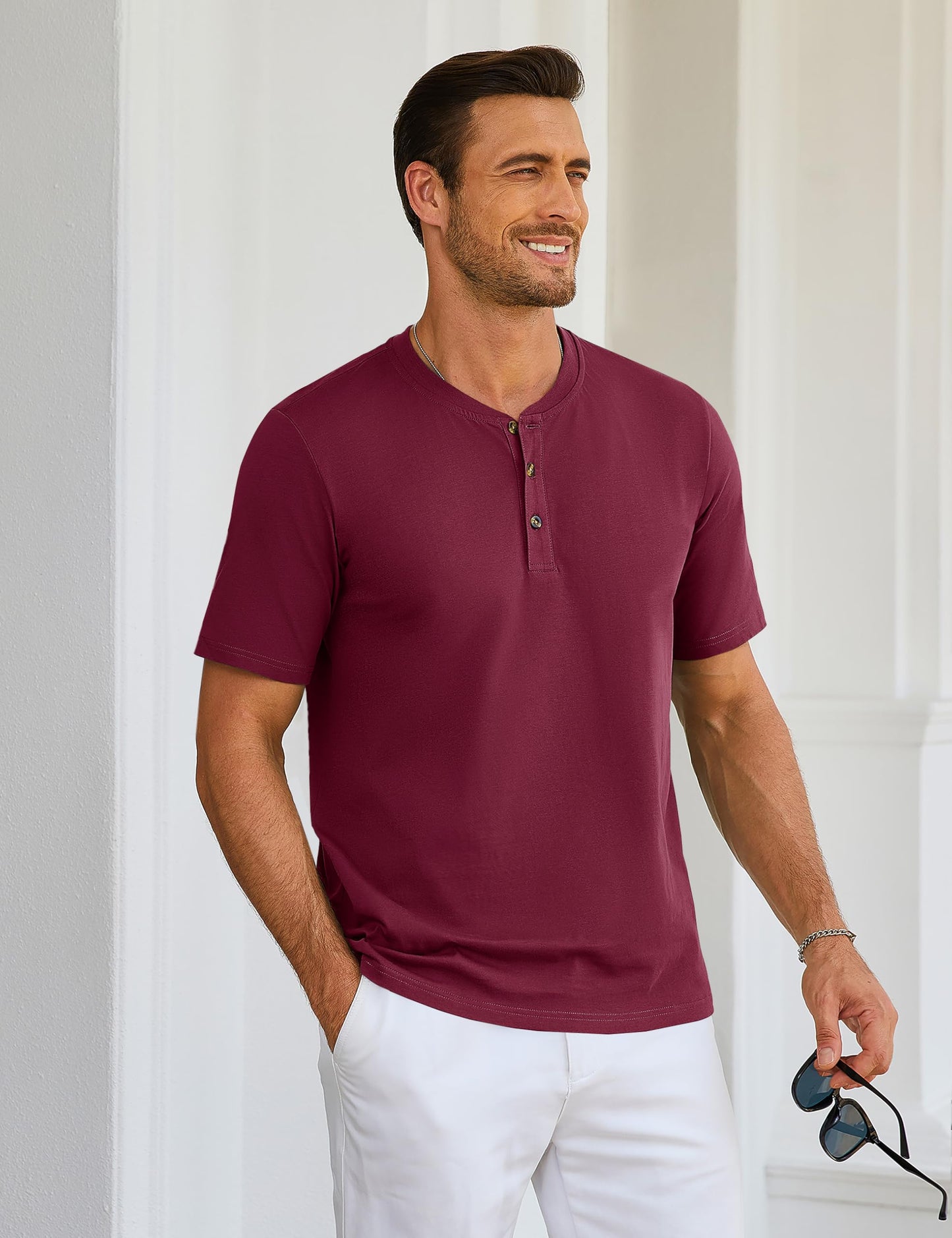 MAGNIVIT Mens Henley Shirts Short Sleeve Cotton Casual Summer Basic T-Shirts 3 Button Solid Collarless Shirts for Work