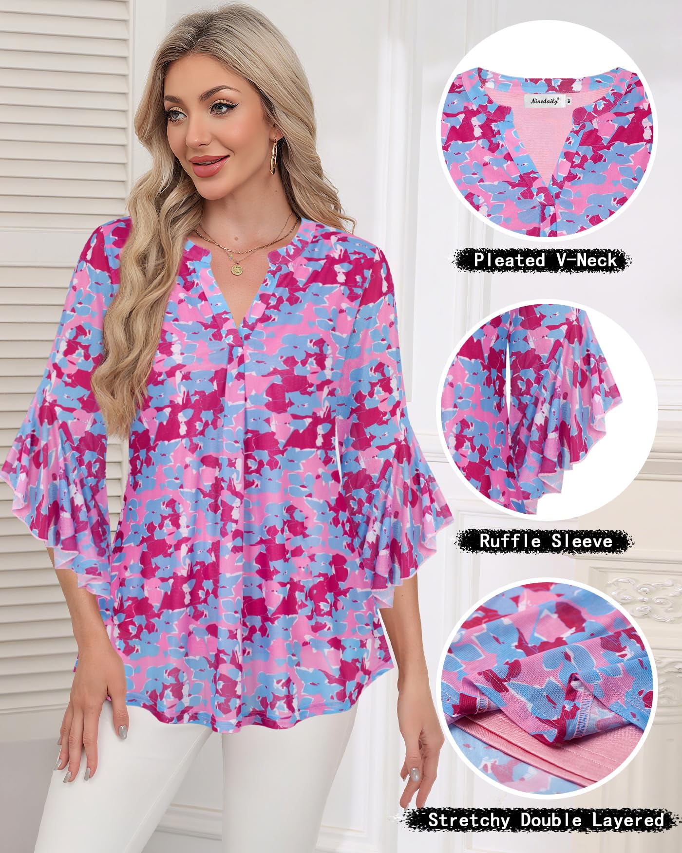 Ninedaily Womens Tops 3/4 Sleeve Dressy Casual Blouses Double Layers V Neck Shirt