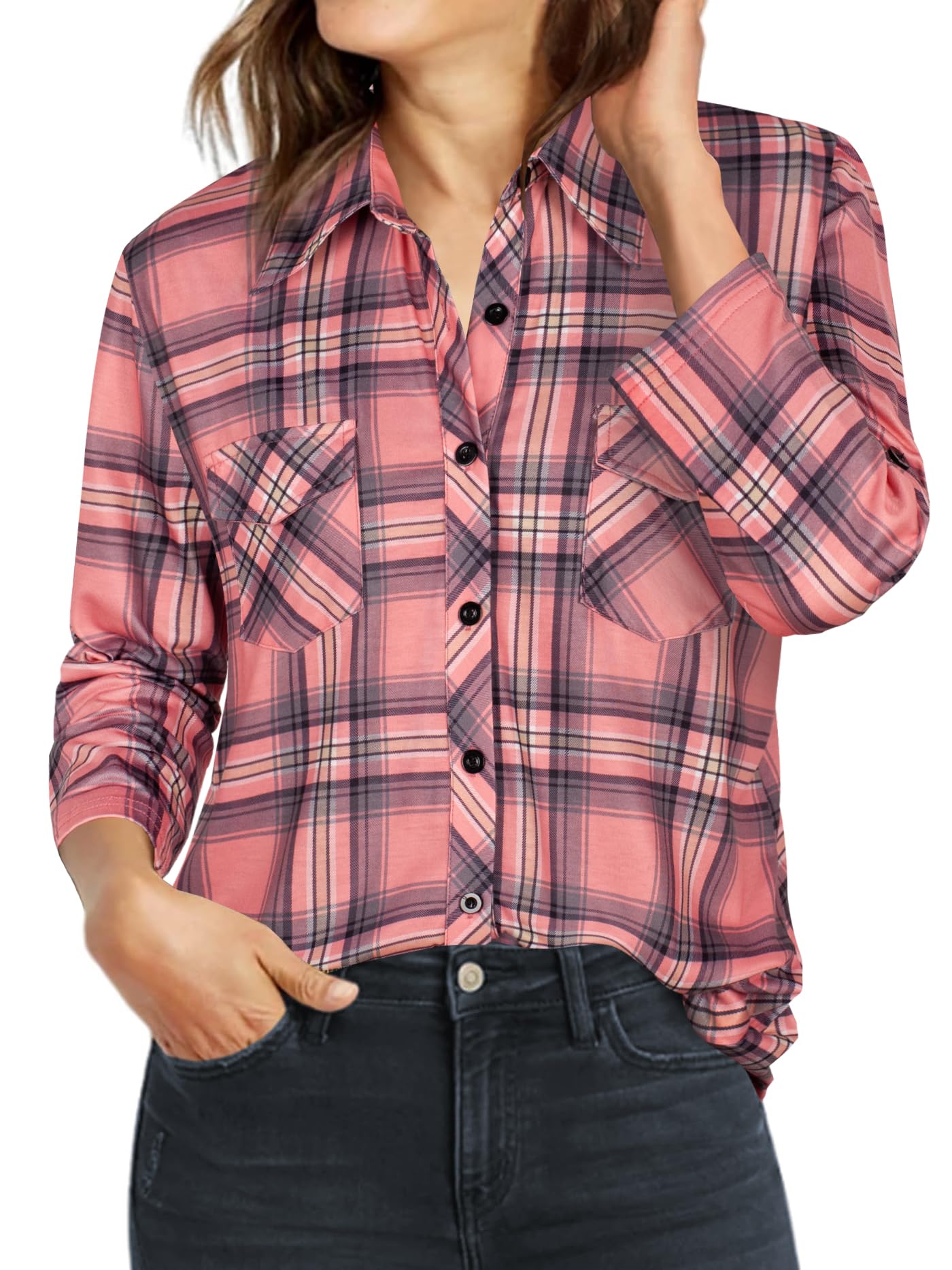 Ninedaily Women's Plaid Shirt Collared Button Down Blouse 3/4 Sleeve Tunic Tops