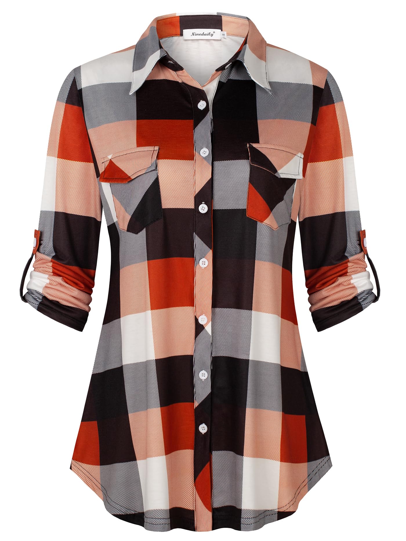 Ninedaily Women's Plaid Shirt Collared Button Down Blouse 3/4 Sleeve Tunic Tops