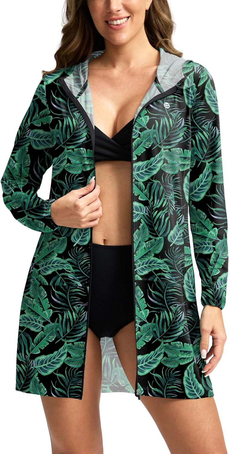 Women's UPF 50+ Swim Cover Up Sun Protection Hoodie Long Jacket SPF Lightweight Beach Cover Ups for Women