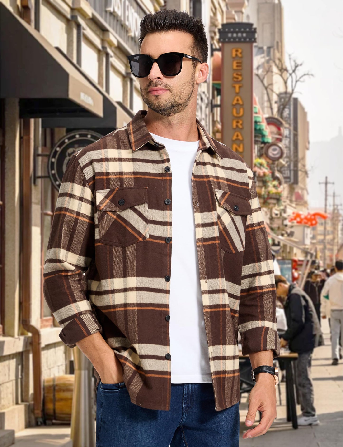 MAGNIVIT Men's Flannel Shirts Long Sleeve Button Down Fleece Cotton Jacket Two Pockets