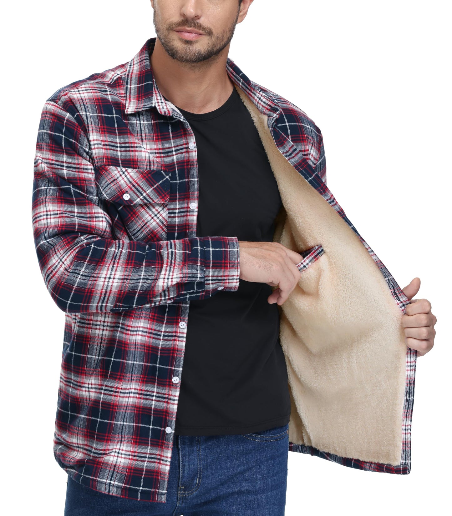 MAGNIVIT Mens Flannel Plaid Shirts Fleece Warm Winter Coat Sherpa Lining Jackets Soft Thickened Outwear Casual Outdoor Travel