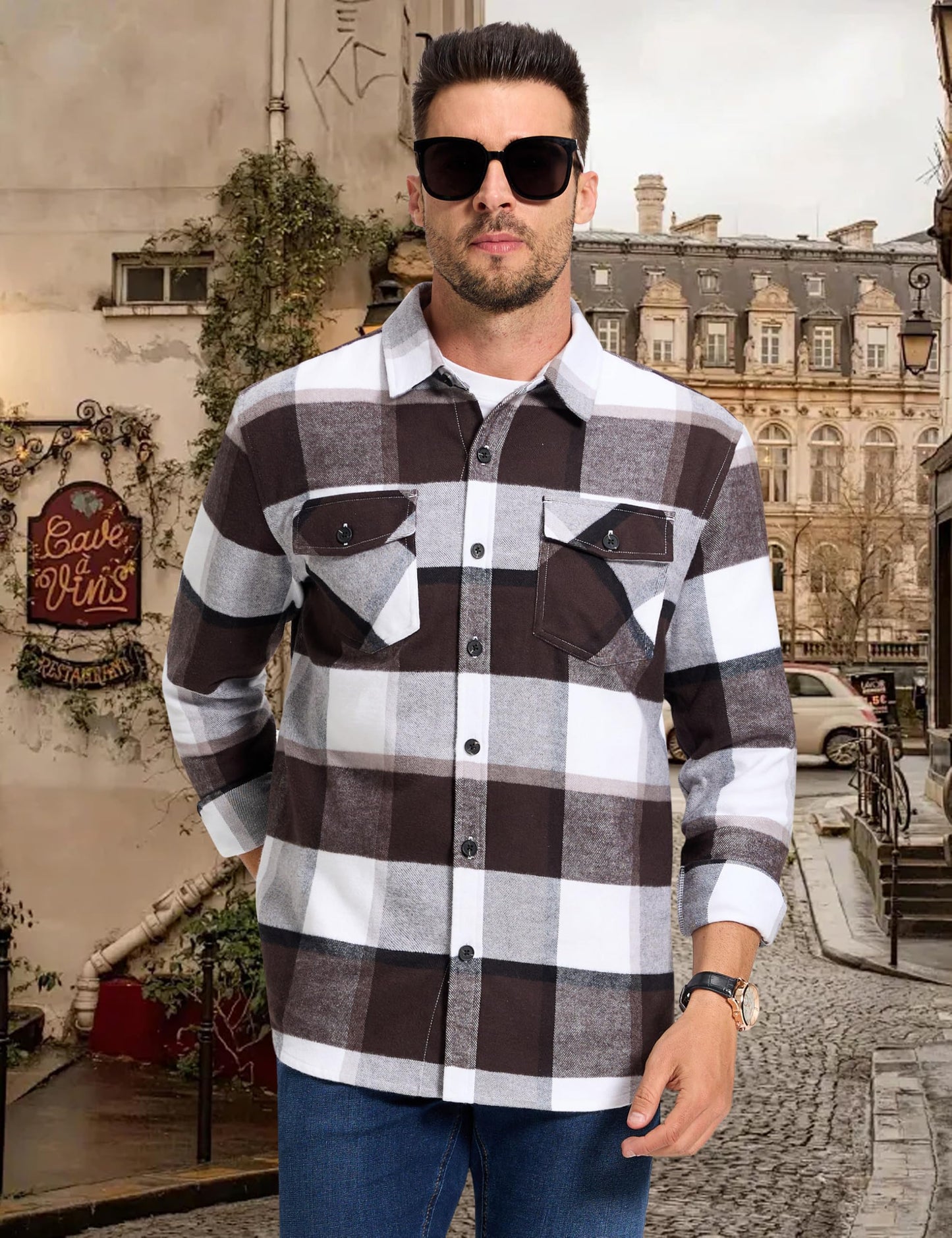MAGNIVIT Men's Flannel Shirts Long Sleeve Button Down Fleece Cotton Jacket Two Pockets