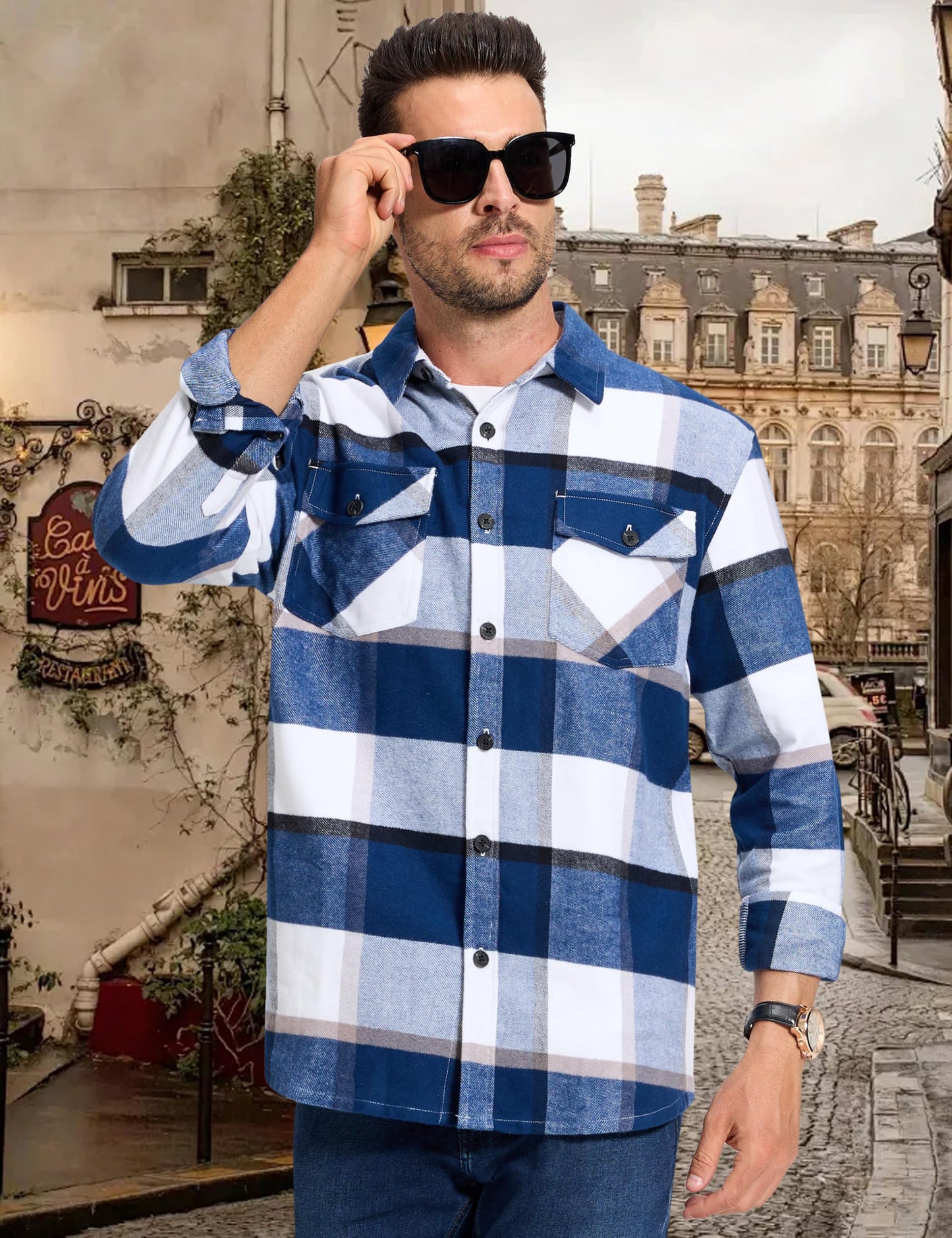MAGNIVIT Men's Flannel Shirts Long Sleeve Button Down Fleece Cotton Jacket Two Pockets