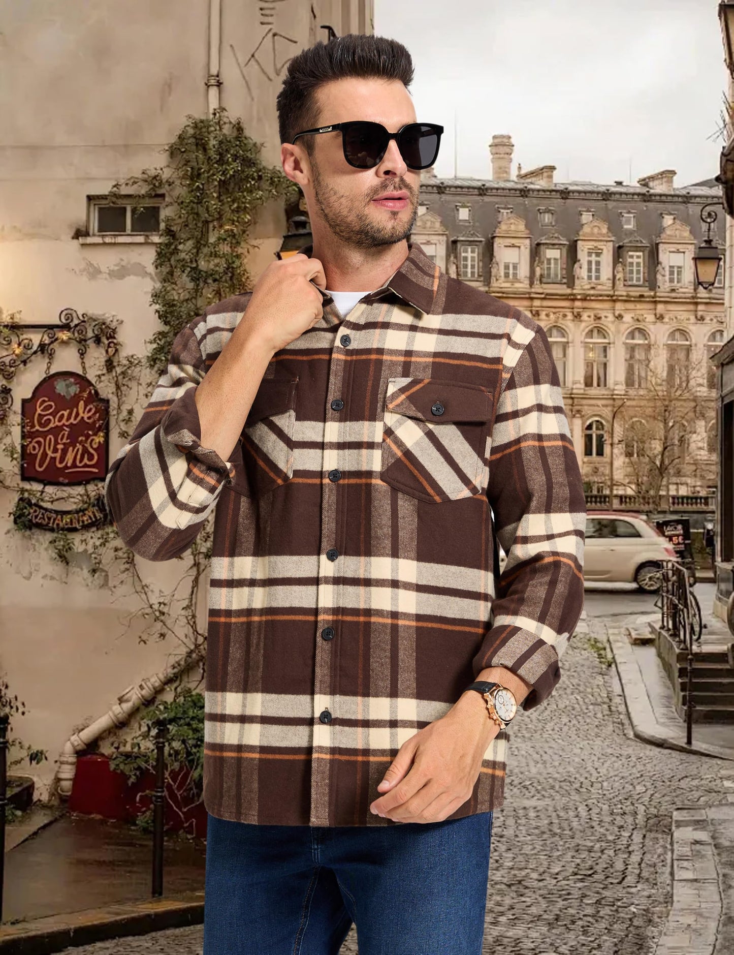 MAGNIVIT Men's Flannel Shirts Long Sleeve Button Down Fleece Cotton Jacket Two Pockets
