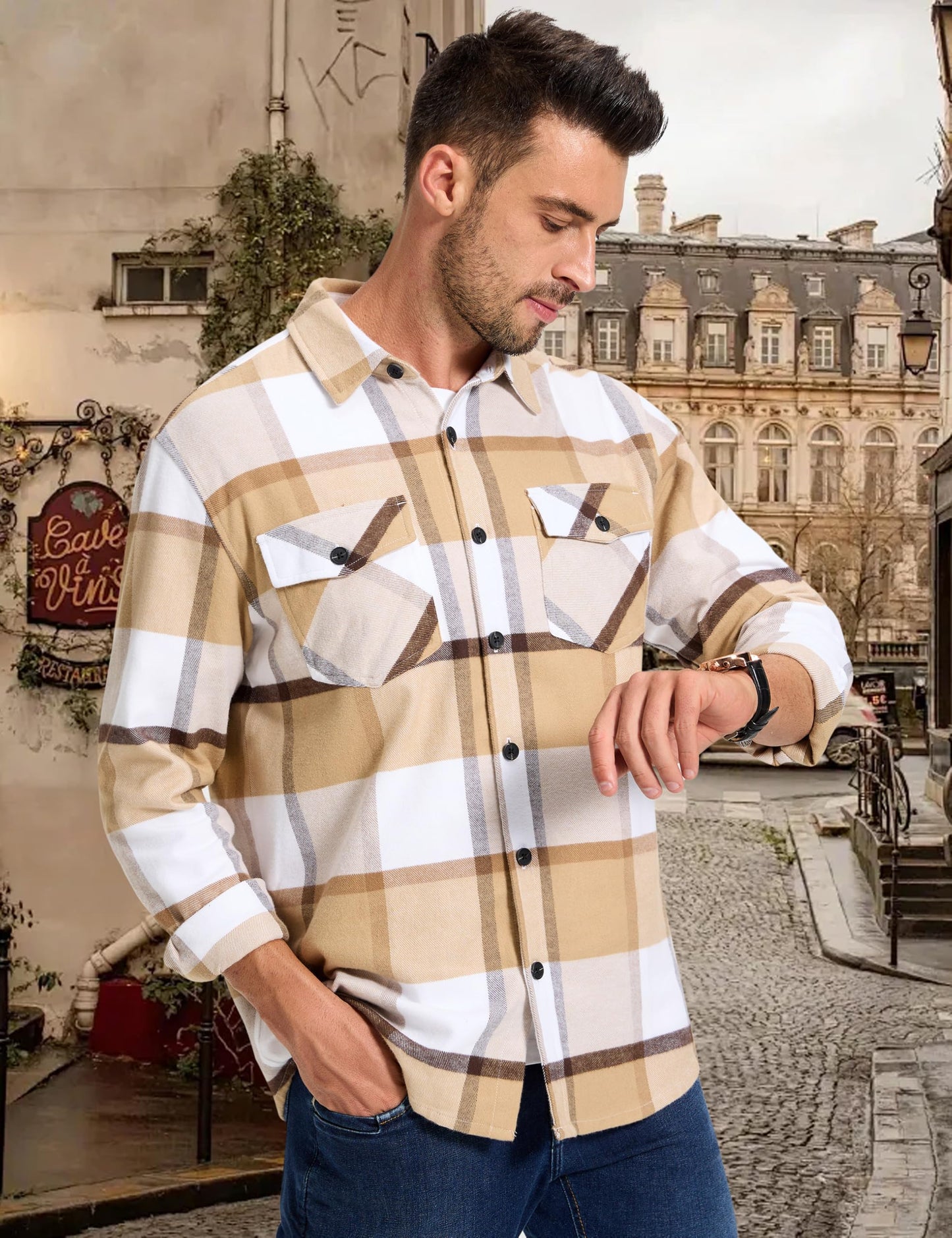 MAGNIVIT Men's Flannel Shirts Long Sleeve Button Down Fleece Cotton Jacket Two Pockets