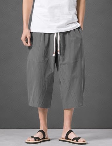 MAGNIVIT Men's Linen Cotton Capri Pants Loose Fit Elastic Waist Wide Leg Baggy Harem Pants