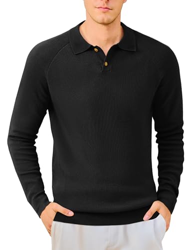 MAGNIVIT Mens Long Sleeve Knit Polo Shirts Casual Raglan Sleeve Sweater 2-Button Down Anti-Pilling Golf Shirts