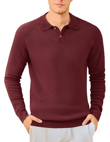 MAGNIVIT Mens Long Sleeve Knit Polo Shirts Casual Raglan Sleeve Sweater 2-Button Down Anti-Pilling Golf Shirts