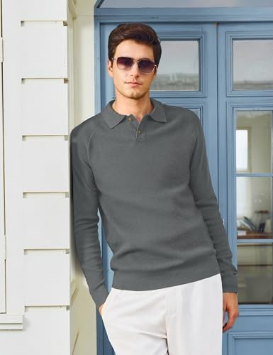 MAGNIVIT Mens Long Sleeve Knit Polo Shirts Casual Raglan Sleeve Sweater 2-Button Down Anti-Pilling Golf Shirts