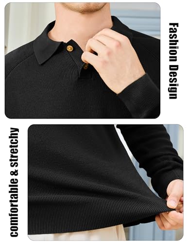 MAGNIVIT Mens Long Sleeve Knit Polo Shirts Casual Raglan Sleeve Sweater 2-Button Down Anti-Pilling Golf Shirts