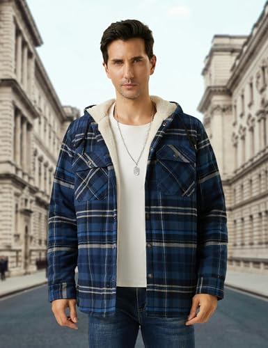 MAGNIVIT Mens Flannel Jacket Sherpa Fleece Lined Plaid Jackets Shirt Thick Snap Button Flannel Hoodie Cotton Winter Shacket