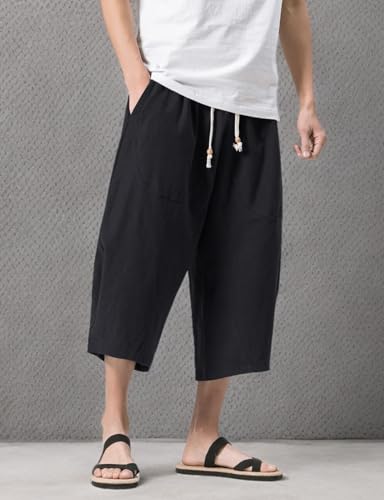 MAGNIVIT Men's Linen Cotton Capri Pants Loose Fit Elastic Waist Wide Leg Baggy Harem Pants