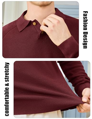 MAGNIVIT Mens Long Sleeve Knit Polo Shirts Casual Raglan Sleeve Sweater 2-Button Down Anti-Pilling Golf Shirts