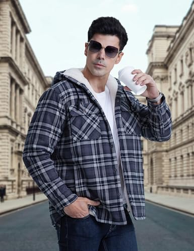 MAGNIVIT Mens Flannel Jacket Sherpa Fleece Lined Plaid Jackets Shirt Thick Snap Button Flannel Hoodie Cotton Winter Shacket